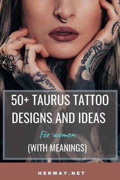 a woman with tattoos and piercings on her face, in front of the words 50 +