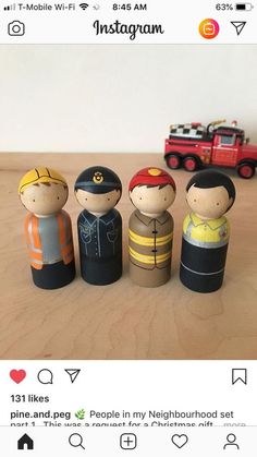 an instagram page with three wooden people and a firetruck