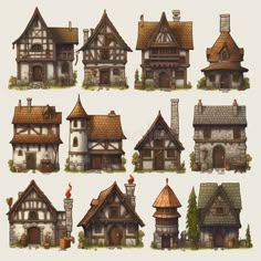 a set of cartoon houses with different roof styles and shapes, all in different colors