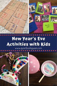 new year's eve activities for kids with pictures on them, including cards and balloons