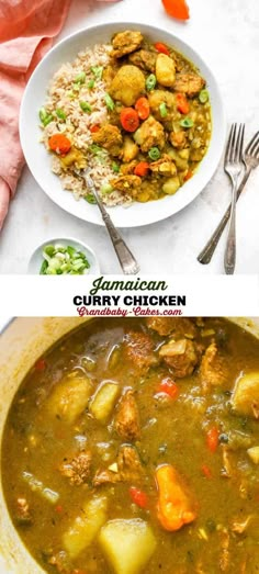 two pictures with different types of food in them and the words jamaican curry chicken on top