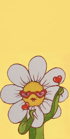 a drawing of a flower with hearts on it's face and hands in front of yellow background