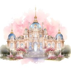 an artistic watercolor painting of a palace with stairs and pink flowers on the front