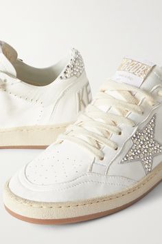 Find GOLDEN GOOSE DELUXE BRAND Ball Star Shearling-lined Embellished Distressed Leather Sneakers on Editorialist. Less worn-in than its other styles, Golden Goose's shearling-lined 'Ball Star' sneakers have been crafted from leather in Italy and lightly scuffed along the soles. The suede trims are covered with light-catching crystals and faux pearls, adding a little sparkle to everyday outfits. Golden Goose Costumized Ideas, Ball Star Golden Goose, Customized Golden Goose, Trendy Sneakers For Women, High Tops Outfit, Golden Goose Sneakers Outfit, Cute Womens Shoes, Wishlist Ideas, Wishlist 2024