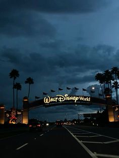 the entrance to walt world at night with palm trees in the foreground and lights on