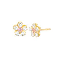 Delight your favorite little fashionista with these charming flower stud earrings. Created in 14K gold, each adorable earring showcases a 2.0mm bright pink crystal surrounded in shimmering white crystals in a sweet floral look. Buffed to a brilliant luster, these post earrings secure comfortably with screw backs. Five Petal Flower, Flower Stud Earrings, White Crystals, Flower Stud, Sweet Floral, Flower Earrings Studs, Delicate Earrings, Flower Studs, Pink Stone