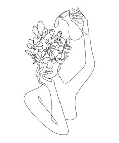 a line drawing of a woman with flowers in her hair, holding a flower bouquet