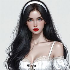 a drawing of a woman with long black hair wearing a white top and red lipstick