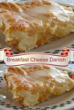 two slices of breakfast cheese danish on a green and white plate with red ribbon around the edges