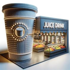 a juice drink stand with a giant cup next to it