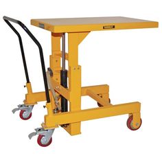 a yellow table with two wheels and a hand truck attached to the back of it