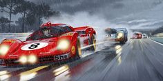 two racing cars on a race track in the rain