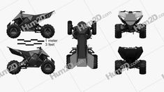 four different views of an off - road vehicle, including the front and rear wheels