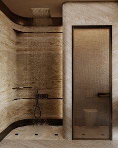 a bathroom with a shower and toilet in the corner, next to a wall mounted faucet