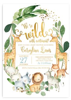 an animal themed baby shower is shown with greenery