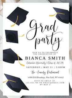 graduation party card with black and gold caps on it, surrounded by white paper napkins