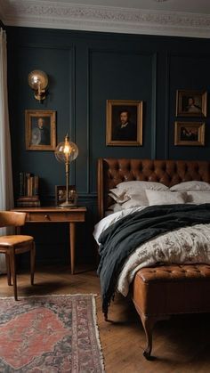 #BedroomFurnitureDesign #BedroomFurnitureIdeas #BedroomFurnitureSets #BedroomFireplace #BedroomFeatureWall #BedroomFengShui Home Office Ideas Vintage, Dark Blue Academia Bedroom, Black Antique Bedroom, Vintage Mens Bedroom, Dark Academia Bedframe, Moody White Bedroom, Academia House Aesthetic, Dark Academia Studio Apartment, Dark Vintage Aesthetic Room