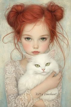 a girl with red hair holding a white cat in her arms and wearing green eyes