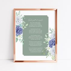 a framed poem with blue and white flowers