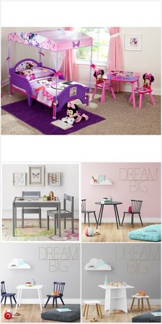 a collage of photos showing different furniture and decor in the same room, including a child's bed