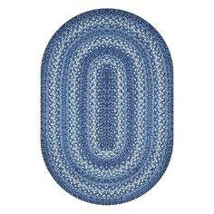 a blue and white oval rug with braiding on the bottom, in front of a white