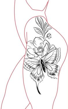 the outline of a woman's body with flowers on it and a butterfly flying over her stomach