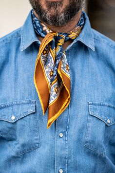 This floral pattern with hand-rolled hems will give your look an elegant twist. This scarf is a testament to timeless craftsmanship, a blend of care, and passion. The classic neckerchief size: Approx. 27" x 27". A comfortably large size that fits most men, unlike smaller bandanas. 100% silk twill: A soft, silky fabric traditionally used in men's tailoring for its look and its drape. Characterized by a diagonal weave which makes it very durable. Hand rolled hems: For the ultimate in luxury and so Mens Silk Scarf Outfit, Classic Silk Scarf With Ties, Classic Silk Neckwear With Pocket Square, Scarfs For Men, Men Scarves, Mens Scarf Fashion, Man Scarf, Silk Scarf Outfit, Mens Silk Scarves