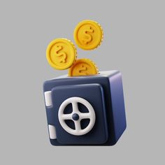 a blue cube with some gold coins coming out of it and another coin in the middle