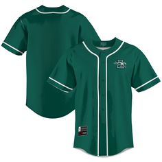 a green baseball jersey with white piping on the chest and sleeves, in front of a