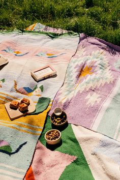 the picnic blanket is laid out on the grass with some food in bowls and plates