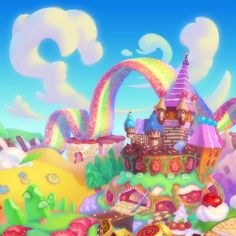 an animated image of a castle surrounded by candy land and rainbow colored clouds in the sky