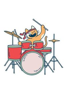 a cartoon cat playing drums on a drum set