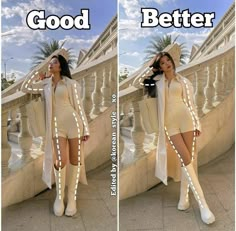 two pictures of a woman wearing white boots and a long cardigan coat, both showing the same length