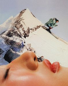 a woman with her eyes closed laying down on the side of a snow covered mountain