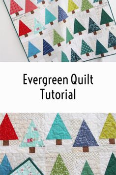 the evergreen quilt pattern is shown in three different colors and sizes, with text overlaying