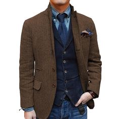 Category:Blazer; Season:Fall  Winter; Fabric:Tweed; Sleeve Length:Long Sleeve; Look After Me:Machine wash; Gender:Men's; Style:Retro Vintage; Elasticity:Micro-elastic; Occasion:Daily,Office; Outerwear Length:Regular; Fit Type:Plus Size; Pattern:Herringbone; Design:Basic; Neckline:Notch Collar; Outerwear Type:Tweed Blazer; Listing Date:11/14/2023; Bust:; Length:; Shoulder Width:; Sleeve:; Jacket Buttons:Single Breasted Two-buttons Cheap Men's Outerwear With Lapel Collar, Classic Cheap Men's Outerwear, Cheap Men's Formal Blazer, Mens Brown Tweed Blazer Outfit, Luxury Casual Men's Sport Coat, Cheap Men's Business Casual Suits, Affordable Single Button Men's Blazer, Men's Billy Reid Shawl Collar Pullover Herringbone, Affordable Single-breasted Formal Outerwear