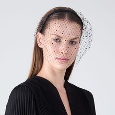 Black satin headband with jet crystal-encrusted black veil. Measurements: Veil width 9" SKU: 25348-05125WD Jet Crystal, Satin Headband, Western Chic, Eugenia Kim, Black Veil, Icon Collection, Halsey, Bridal Shop, Fall Shopping