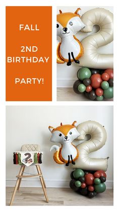 an orange and white birthday party with balloons in the shape of animals, including a fox