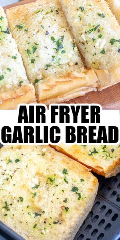 air fryer garlic bread cut into squares and placed on top of an air fryer