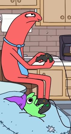 a cartoon character sitting on a bed holding a game controller and looking at the tv