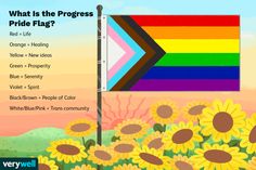 a rainbow flag with the words what is the progress pride flag? and sunflowers