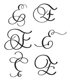 the letters e, f, c, d in cursive style