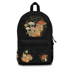 "Check out this unique dnd backpack with mushrooms and d20 dice forest motive. Perfect for any d&d player or DM for trips, to school or work  With this roomy and durable backpack, you will have space for all your holding! This bag is made from spun polyester and weights 1.3 lbs, just enough to be light, strong and long-lasting. Grab it, stow it, throw it onto the seat next to you, this backpack can take it, and so will you, wherever you go! A total of 4 compartments - 1 main zip pocket, 1 front Dnd Backpack, Mushroom Backpack, Dnd Druid, Dnd Gifts, Beautiful Backpacks, Durable Backpack, D20 Dice, Sewing Tags, School Backpack