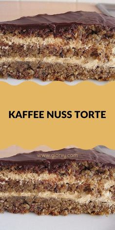 two pieces of cake sitting on top of each other with the words kaffe nuss torte