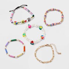 Accessorize your kid's ensemble using this Girls' 5pk Fruit and Smiley Bracelet Set by art class™. It features vibrant fruit and smiley face charms that can be worn with many outfits. The comfortable 6.5-inch length and a mix of lobster claw clasp and pull-on styles, this set ensures easy wear and a secure fit. Whether it’s a party or a fashion show, these fruit and smiley bracelets are a great addition to any young fashionista's collection. Art Class™: One-of-a-kind looks for the one and only y Beaded Bracelets With Smiley Face, Smiley Bracelet, Beaded Fruit, Fruit Bracelet, Vbs 2024, Bracelets Patterns, Kandi Bracelets, Diy Bracelets Patterns, Bracelet Ideas