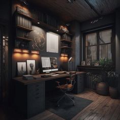 a computer desk sitting on top of a wooden floor next to a book shelf filled with books