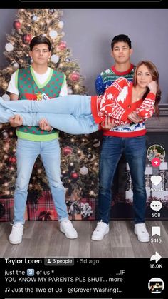 three people standing in front of a christmas tree with the caption taylor lon