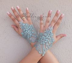 WEDDINGGloves ® , cadet blue lace gloves, Fingerless Glove, mint bridal gloves, party costume, party dress, french lace gloves Blue Lace Gloves, Lace Gloves Fingerless, Frozen Wedding, Evening Gloves, Gloves Fingerless, Mode Tips, Cadet Blue, Fairy Wedding