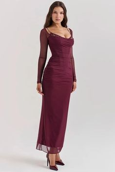 Elegant maxi dress features sheer long sleeves, a strapless and backless design, and a mesh body, creating a sophisticated and captivating look for formal occasions. Details: Elasticity: Slight Stretch Fabric Type: Polyester Silhouette: Sheath Neckline: Strapless Material: SPANDEX Material: Mesh Wine Maxi Dress, Maxi Dress For Women, Sheer Long Sleeve, Backless Maxi Dresses, Strapless Maxi, Dress Inspo, Strapless Maxi Dress, Mode Inspo, Club Party