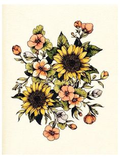 a drawing of sunflowers with leaves and flowers in the center on a white background